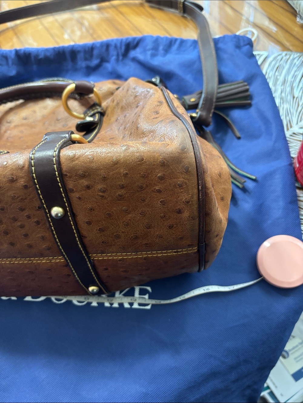 Dooney & Bourke Brown Ostrich-Effect Satchel with Dark Brown Trim - Picture 3 of 16